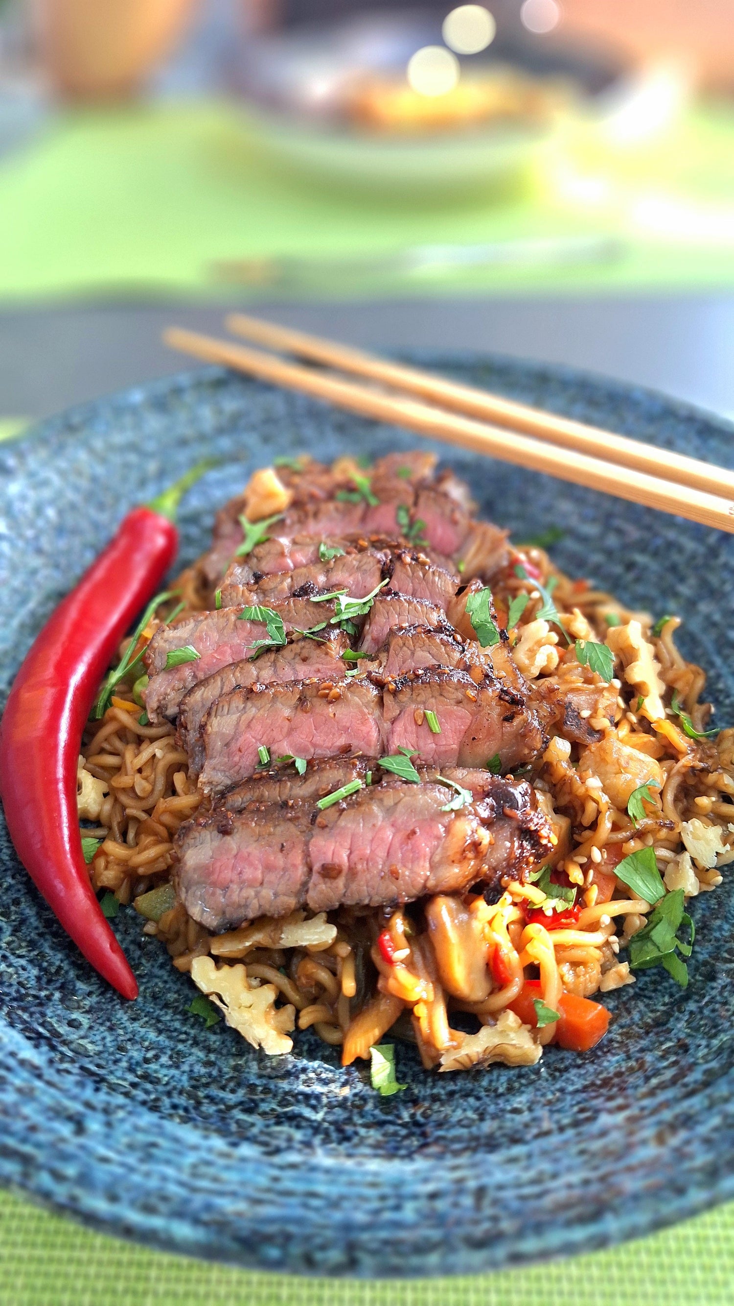 Asian marinated steak with wok noodles